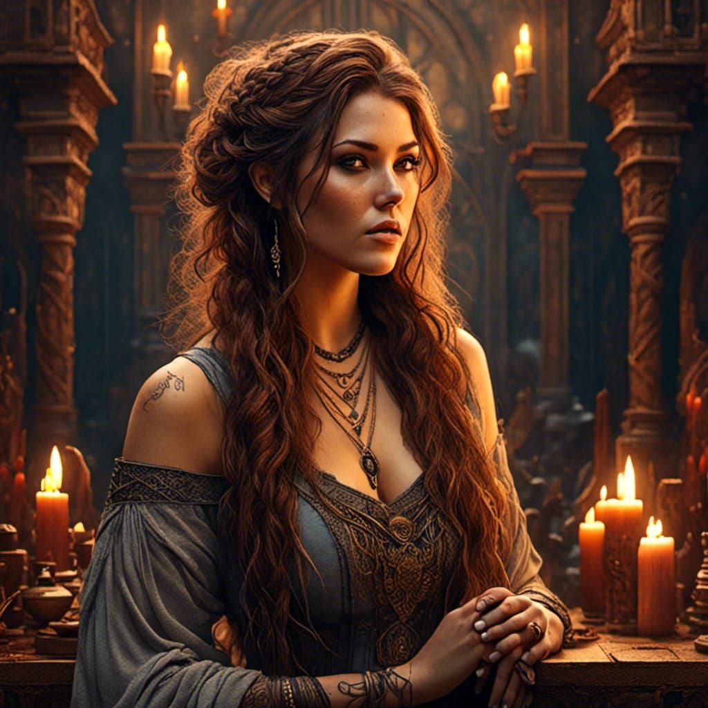 Candlelit Tattooed Maiden in Romantic Watercolor