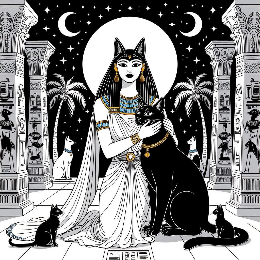 Bastet, Egyptian Cat Goddess, in Stylized Black and White Il...