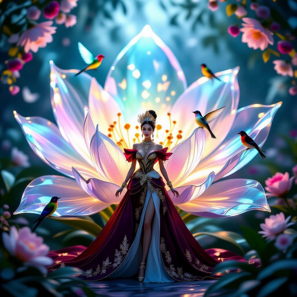Crystal Flower Realm With Elegant Woman in Gown