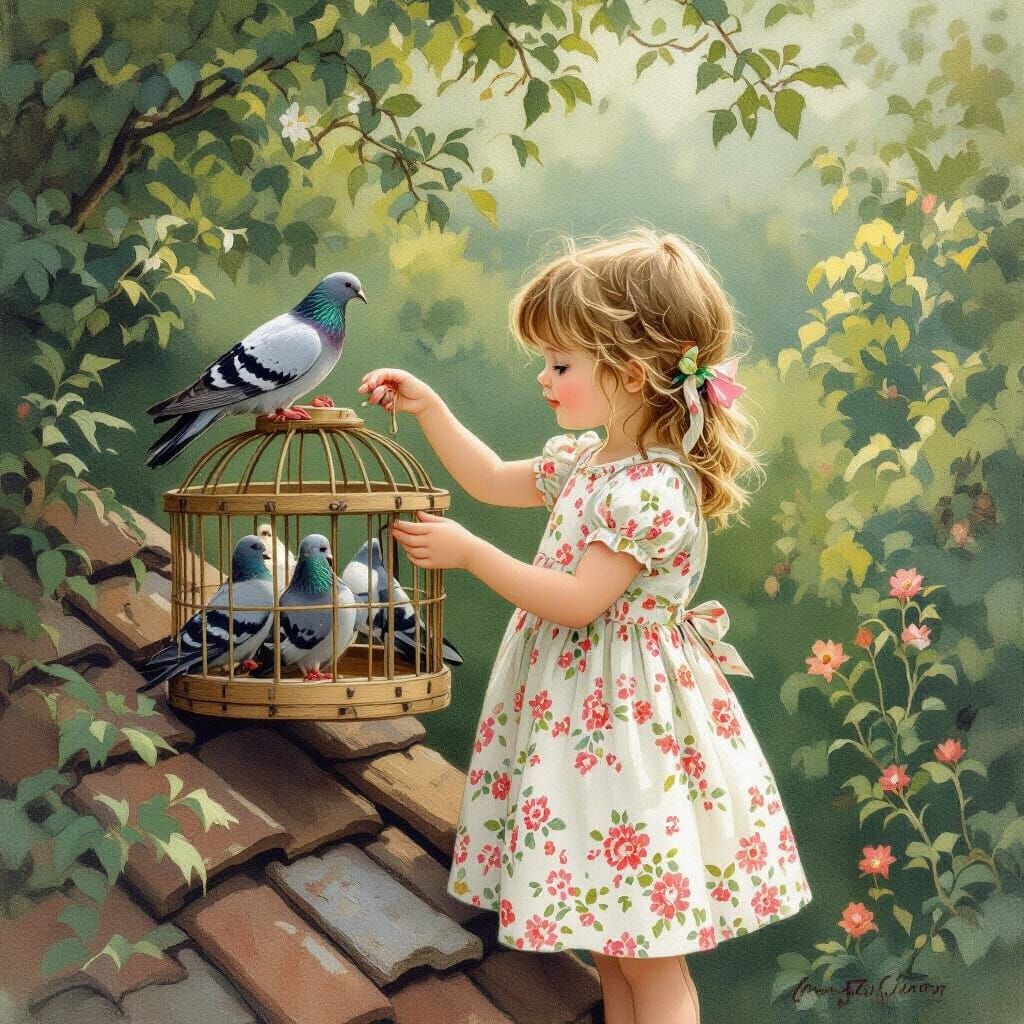 Girl Feeding Pigeons on Roof in Whimsical Style
