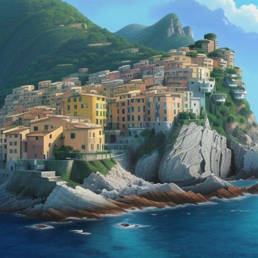 Mediterranean Coastal Town in Vibrant Anime Style