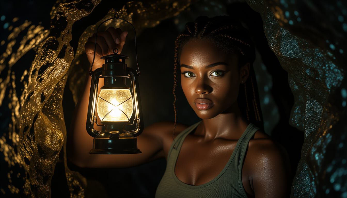 Athletic Woman in Dark Cave with Oil Lantern