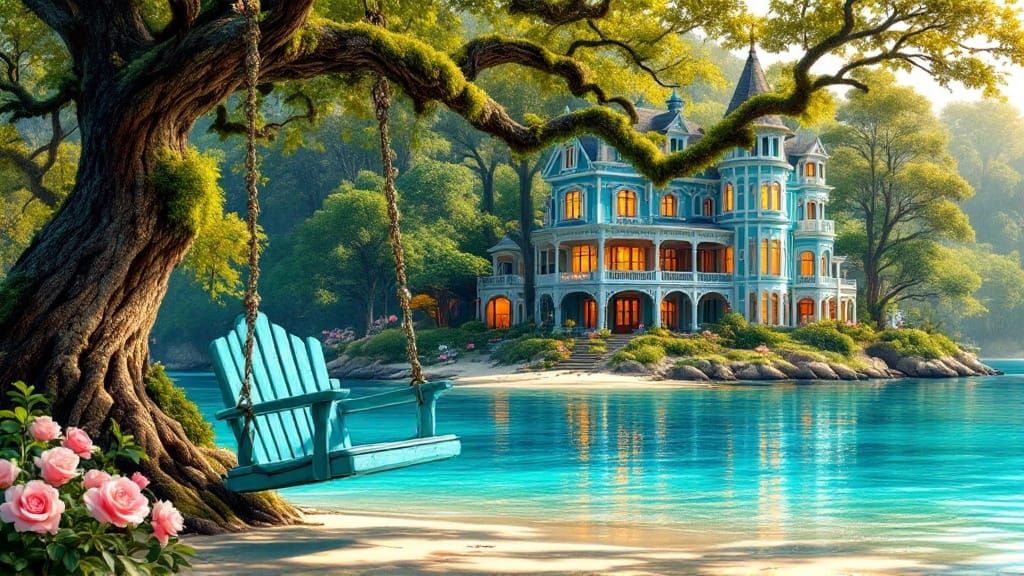 Turquoise Wooden Swing Suspended Over Victorian Castle and S...