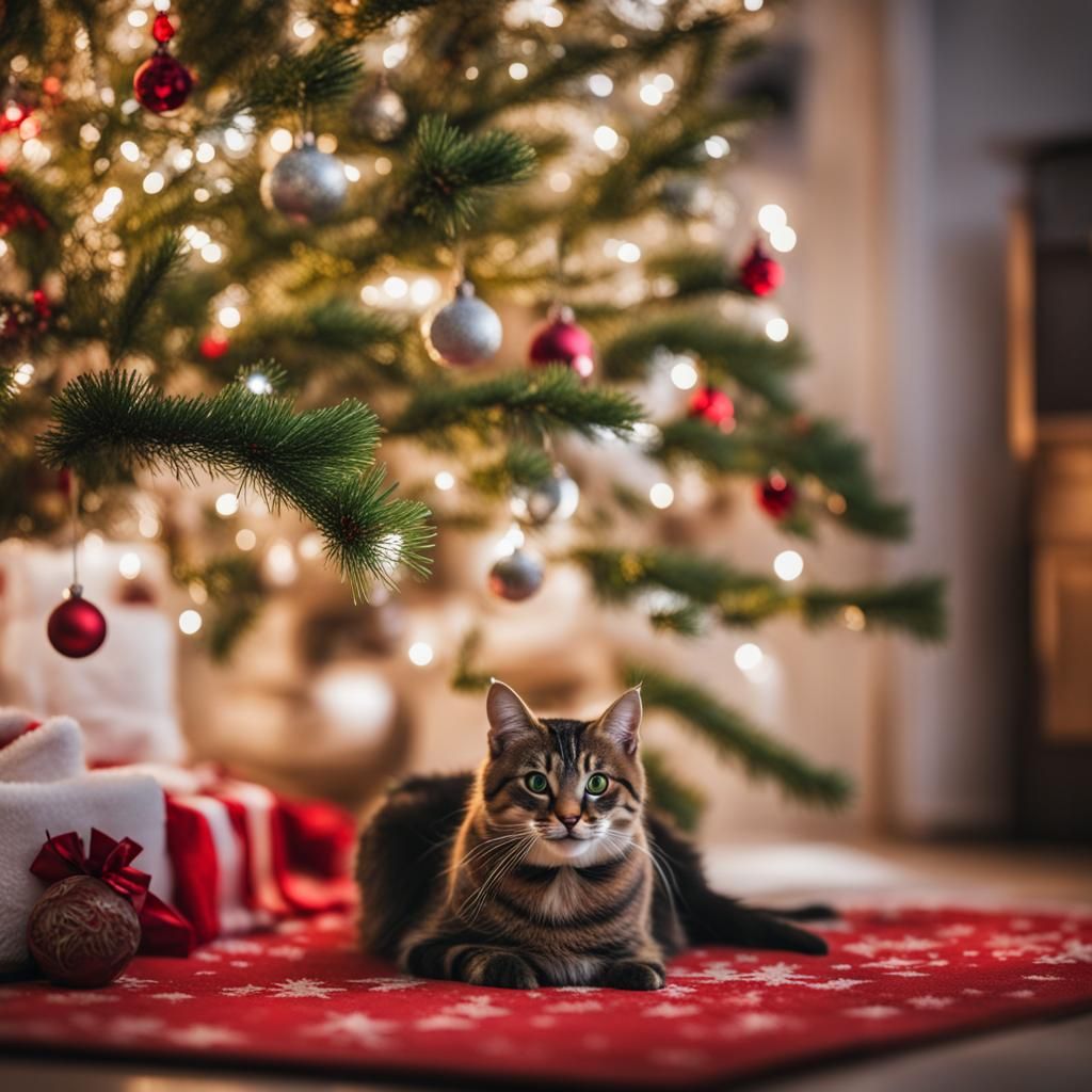 Cat Under Christmas Tree: Holiday Cheer
