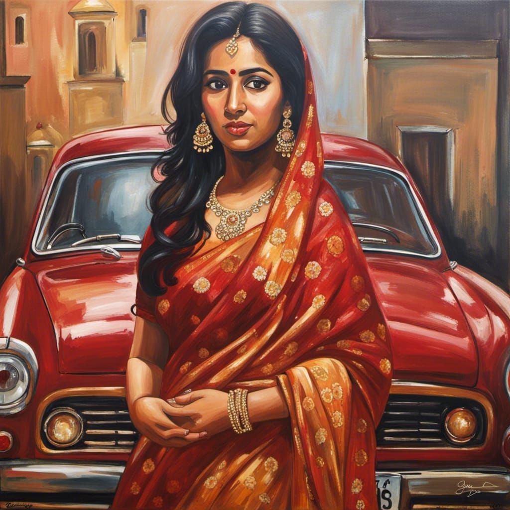 A strong Indian woman with her Hindustan Motors Ambassador car