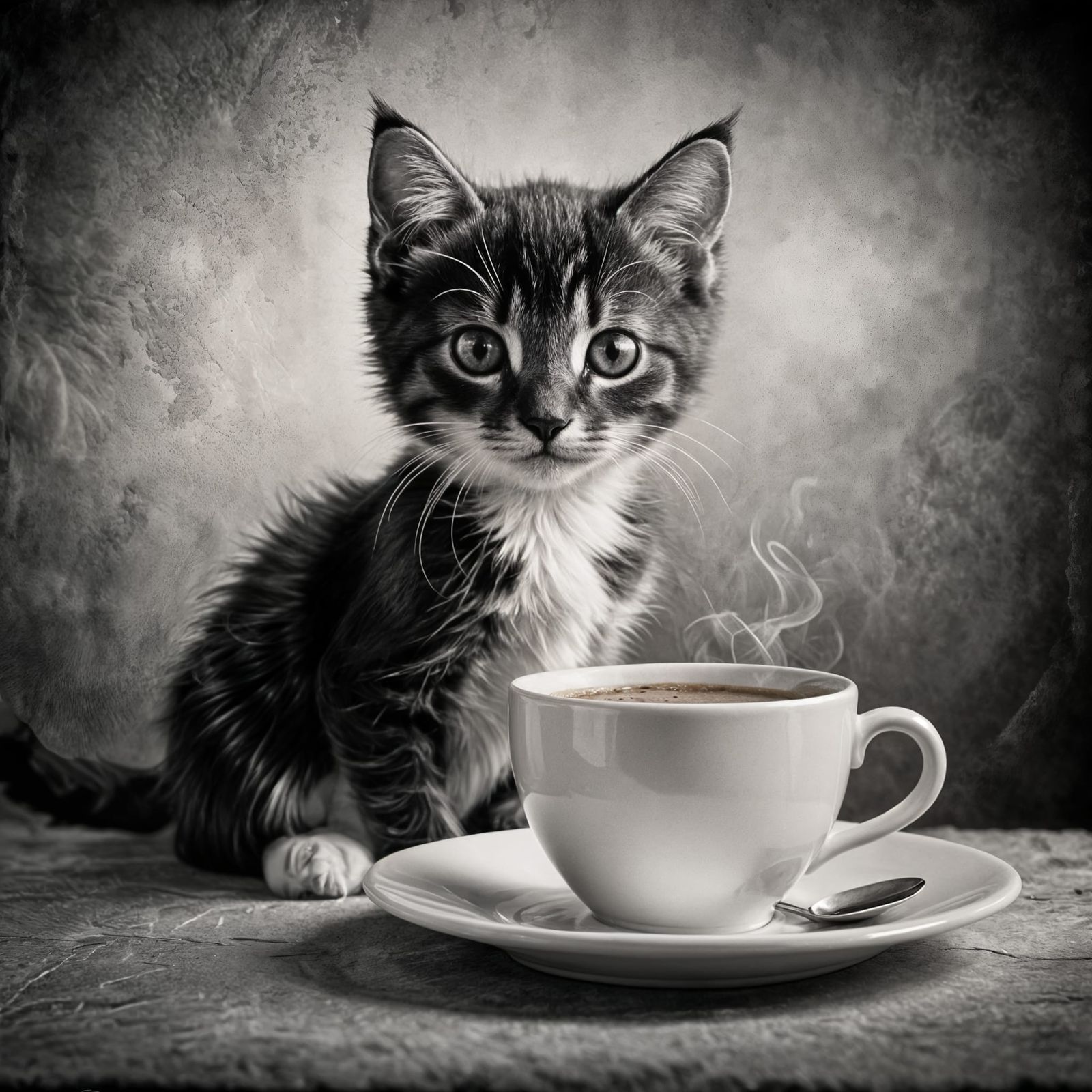 Monochrome Kitten and Coffee Portrait in Vintage Style