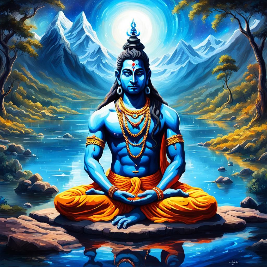 Lord Shiva Meditating: Sapphire Graffiti Art