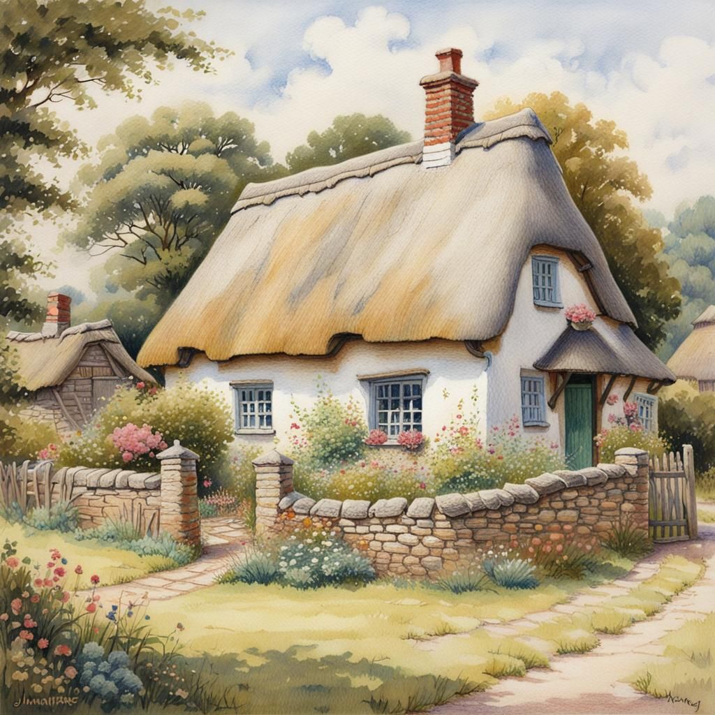 Charming Thatched Cottage in Garden, Colored-Pencil Style