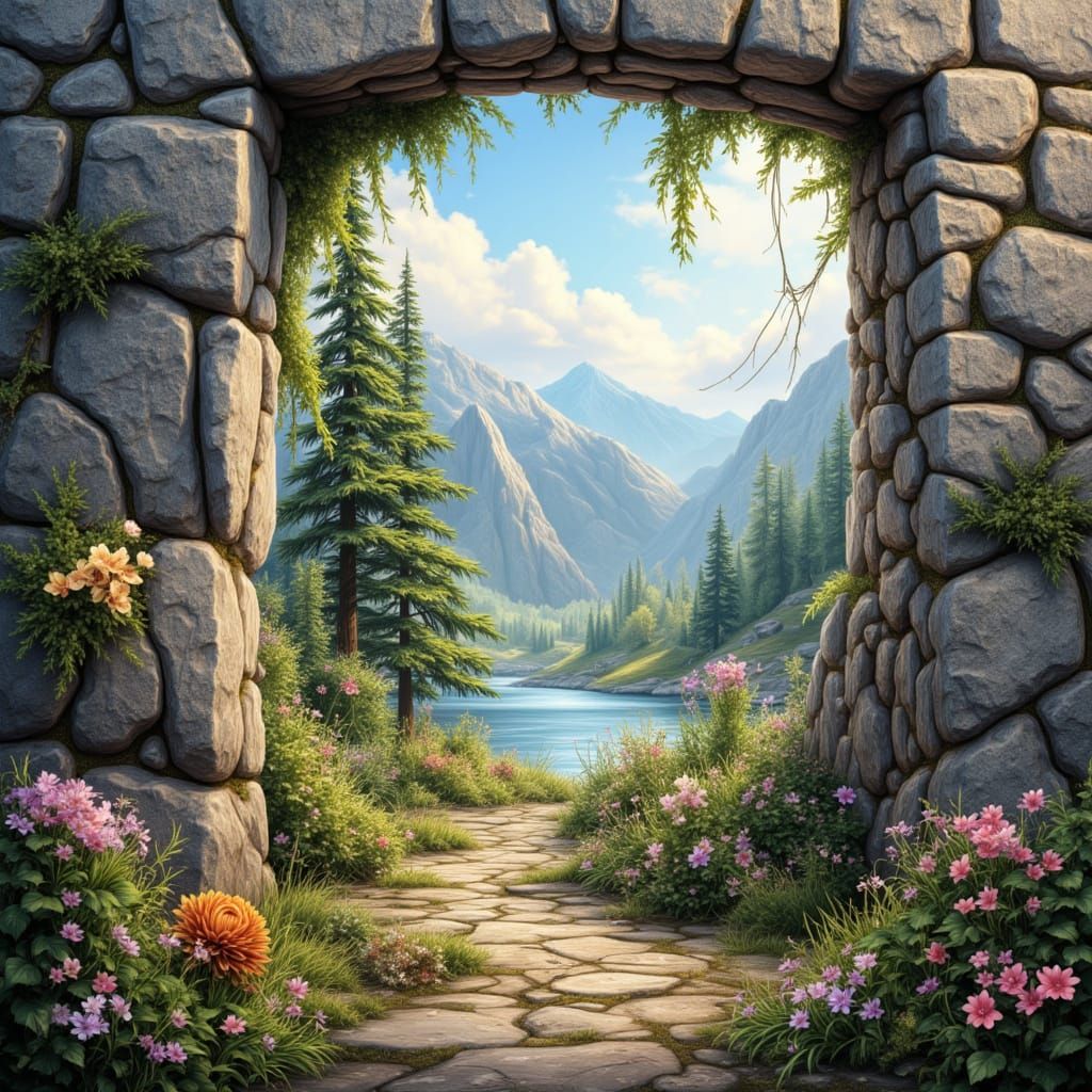 Surreal Rocky Mountain Landscape with Optical Illusion Style