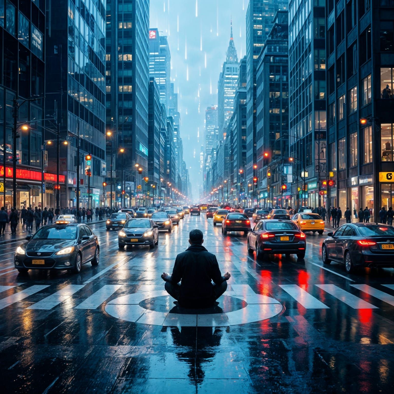 Meditating Figure in Chaotic Metropolis with Dramatic Sunlig...