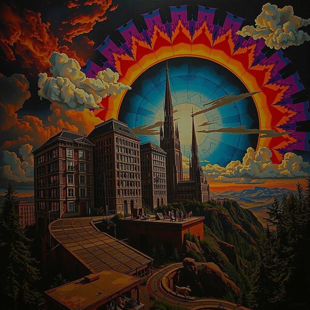 Neon Futuristic Cityscape with Cosmic Patterns in Triadic Co...