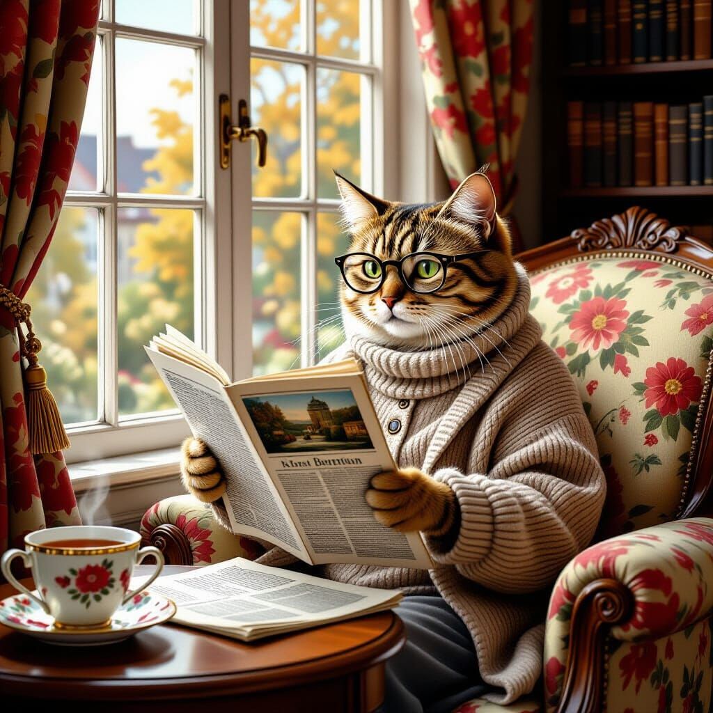 Boomer Cat Reading Newspaper in Cozy Vintage Room