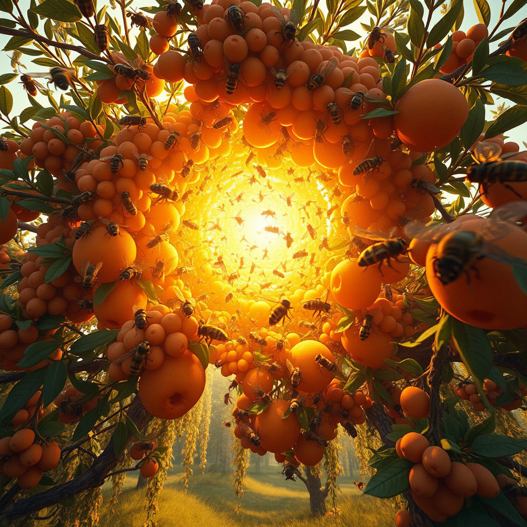 Bees Swarming Orchard Tree in Golden Light