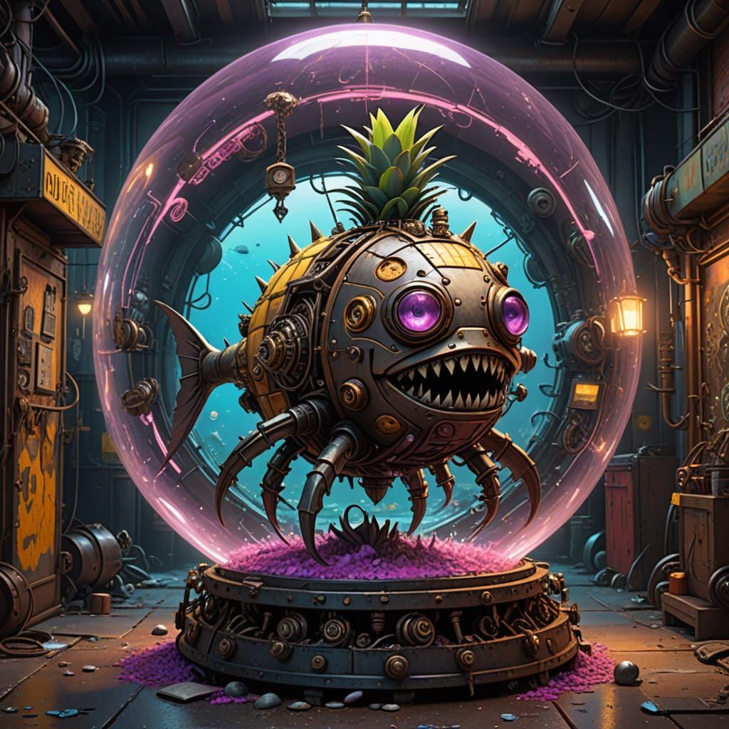 Steampunk Pineapple Creature Rides Shark in Vibrant Underwat...