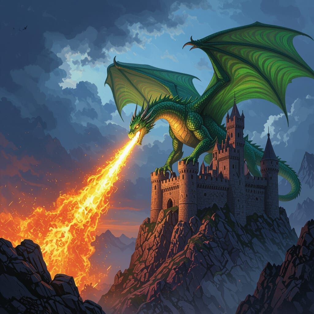 Majestic Dragon Unleashes Fire on Ancient Castle