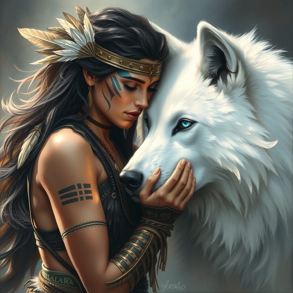 Spiritual Connection Between Warrior Woman and Wolf