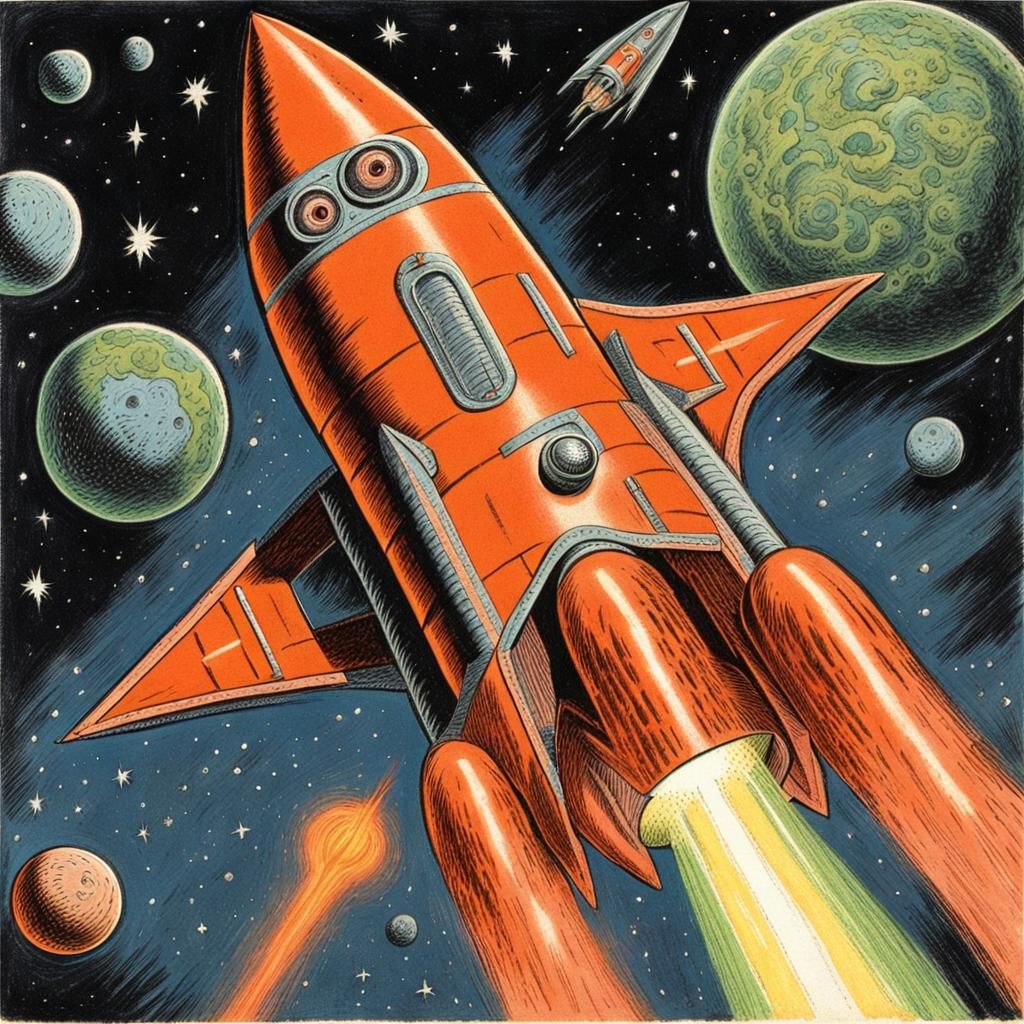 Retro Rocket Launch in Cartoon Style