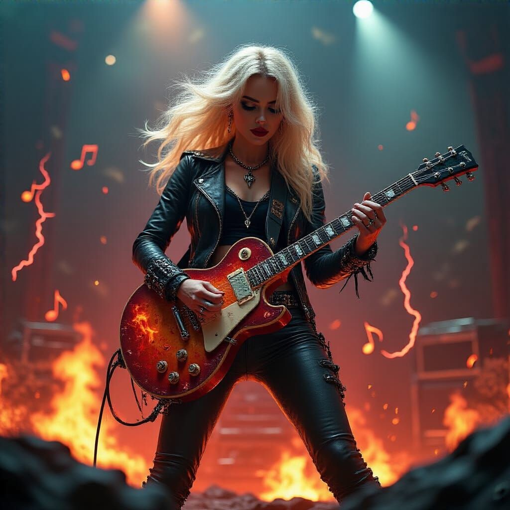 Glam Rocker Woman Plays Guitar on Stage