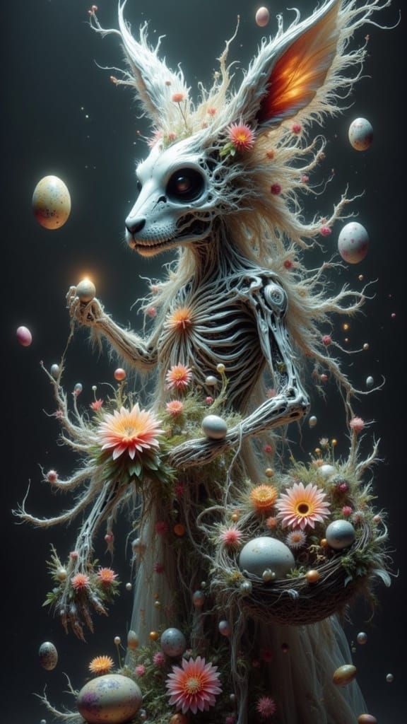 Surrealist Easter Bunny in a Dark, Cyberpunk Garden