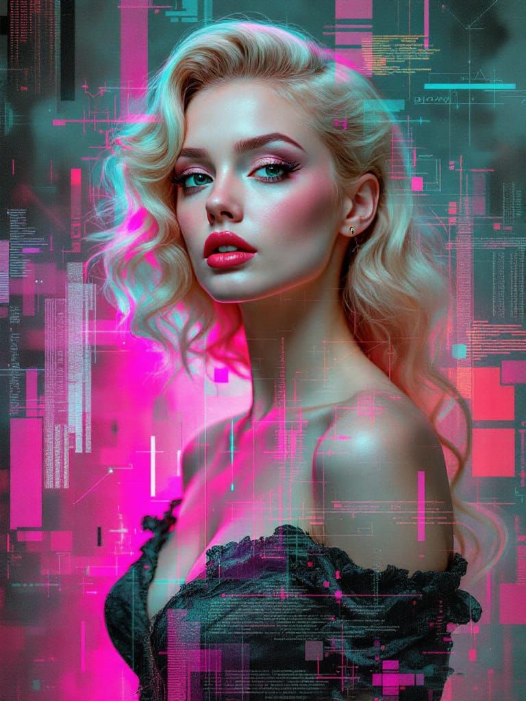 Glitch Photography Fusion: Pin-Up Woman with Digital Artifac...