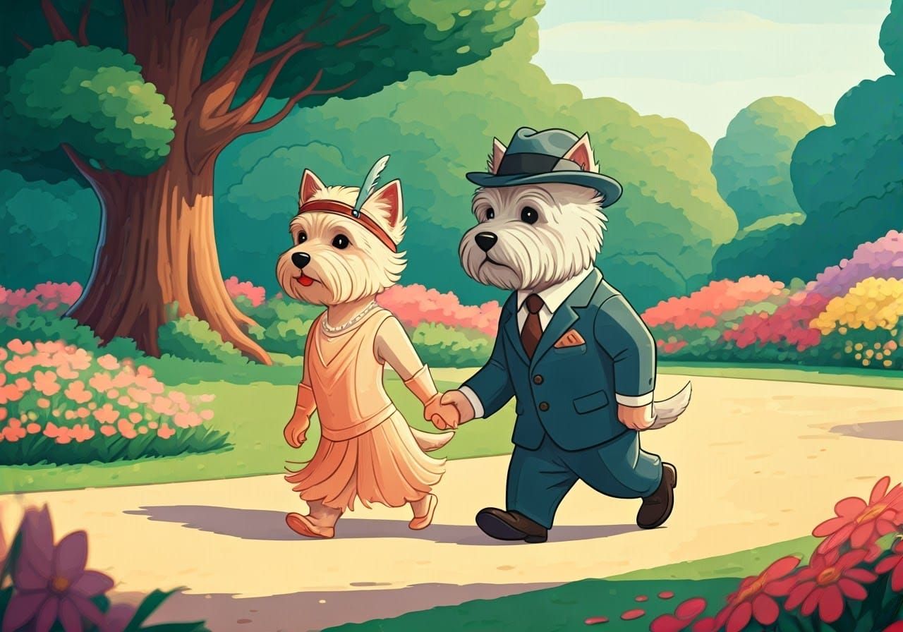 Anthropomorphic Cairn Terriers Stroll Through a Vintage Park