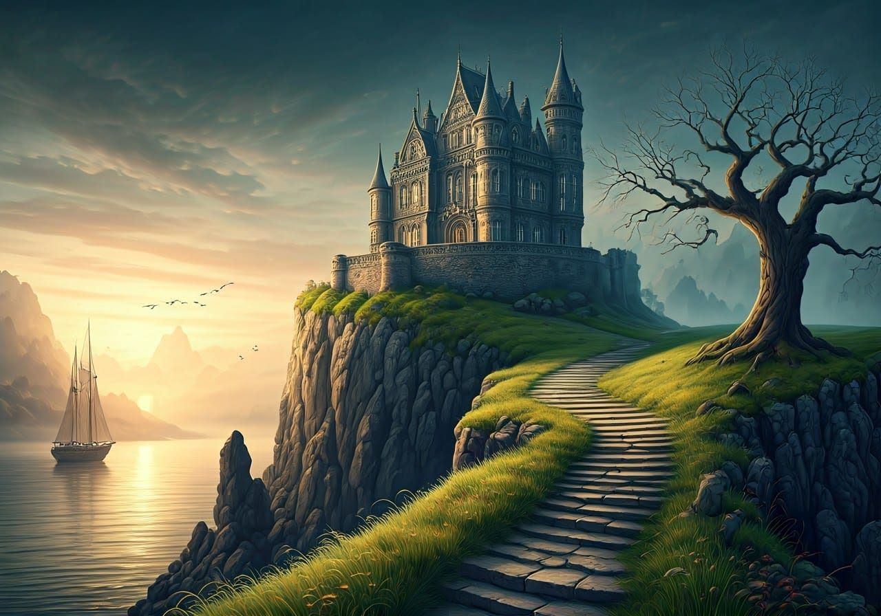 Surreal Victorian Castle Amidst Whimsical Watercolor Landsca...