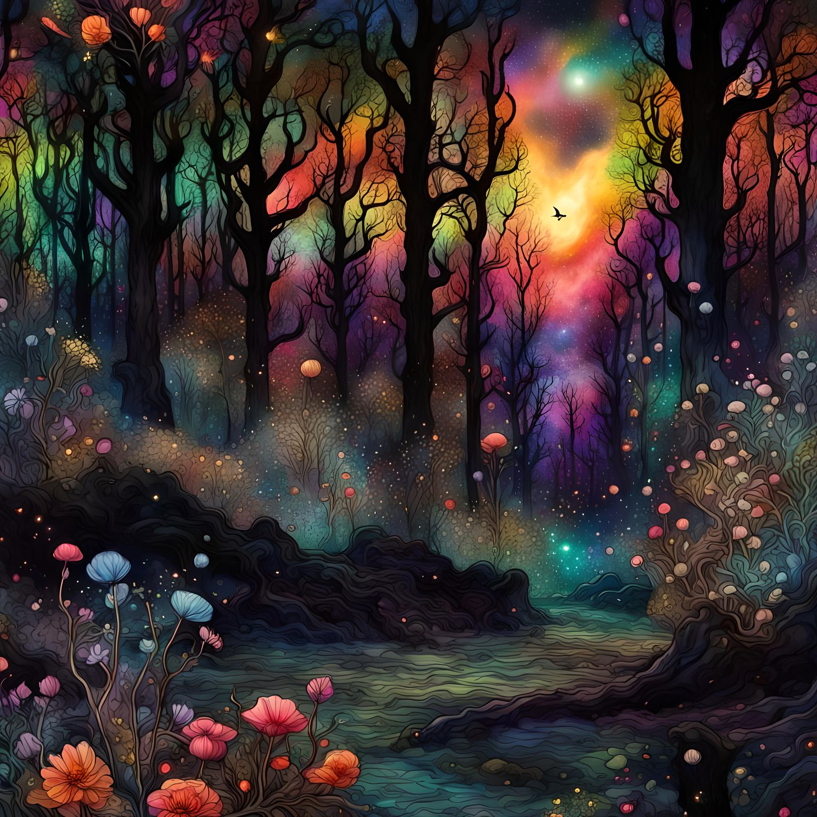Flourescnt flowers and trees in a psychedelic fantasy forest...