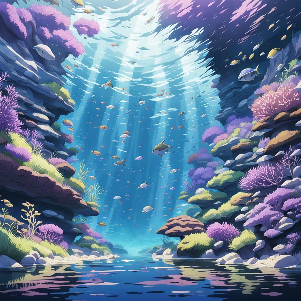 Marine Life in Purple Water: Studio Ghibli Style