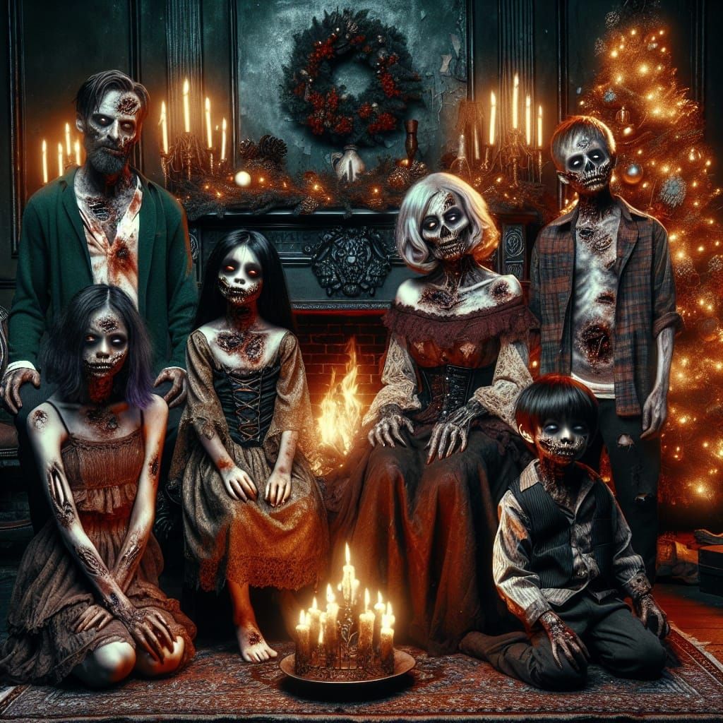 Zombie Family Celebrates Christmas in Gothic Horror Style