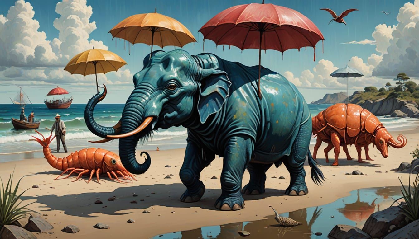 Surreal Beach Scene with Elephant and Umbrellas