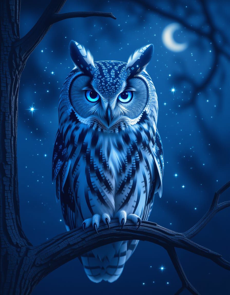 Majestic Blue Owl With Glowing Eyes At Midnight