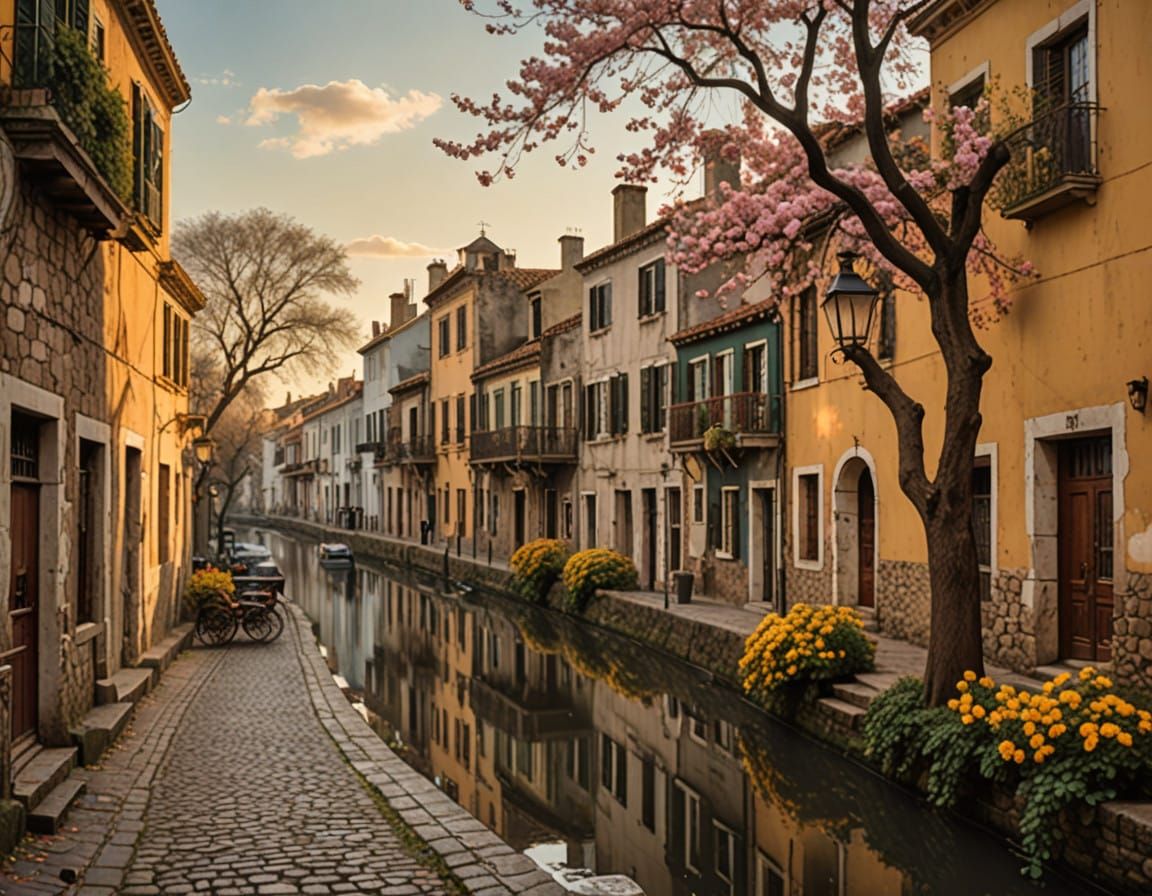 Charming Spanish Colonial Town in Warm Golden Light