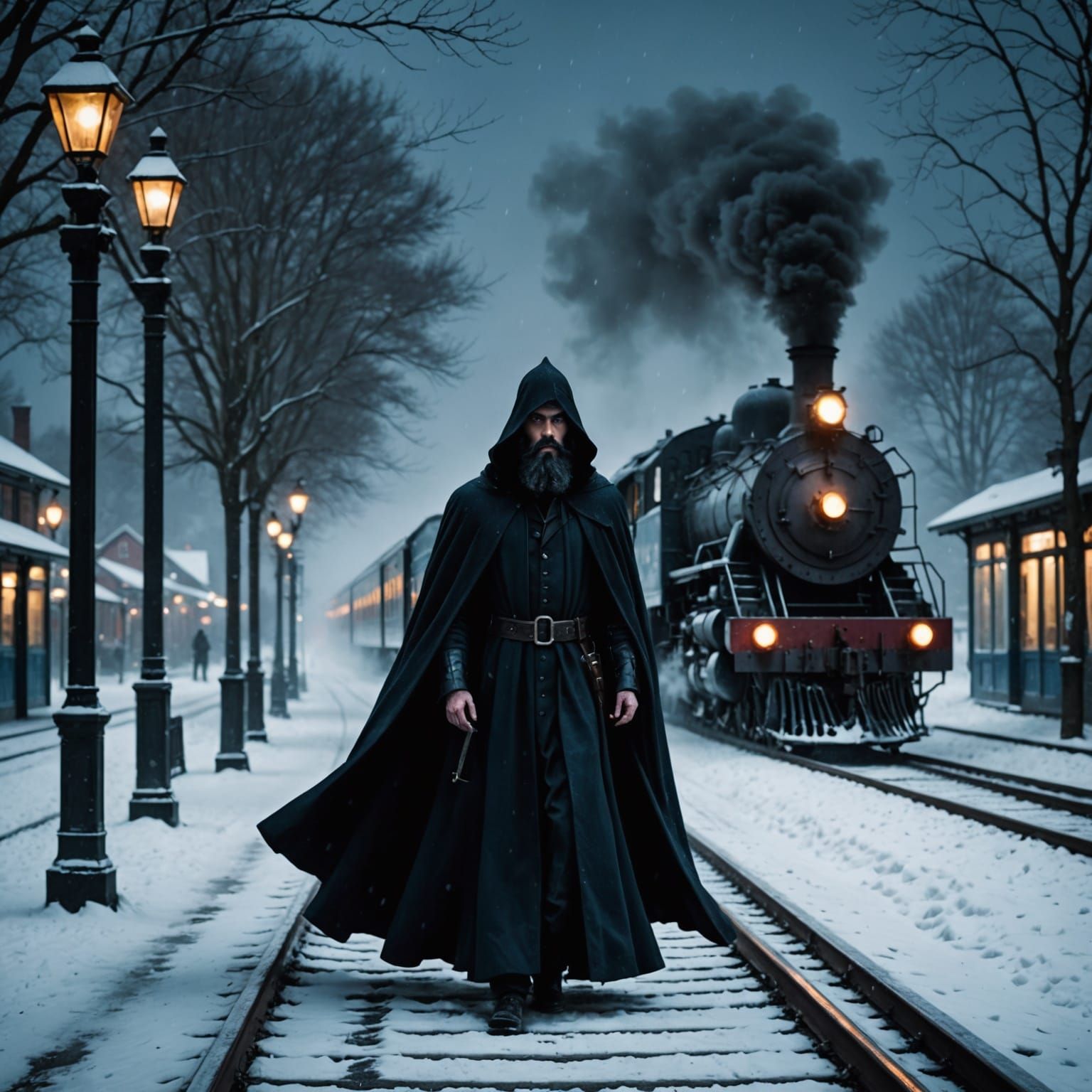 Ghostly Train Arrives at Snowy Dusk Station