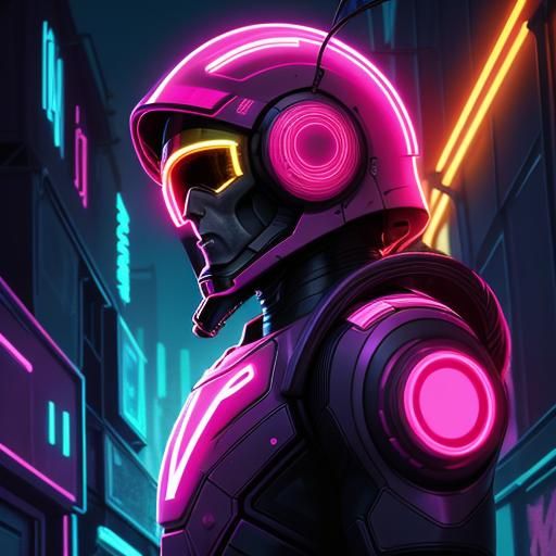 Neon Synthwave Robot Helmet in Cyberpunk Alley