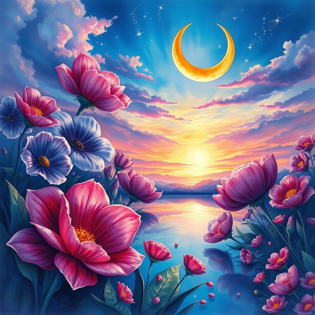 Dreamlike Garden at Sunset in Vibrant Watercolor