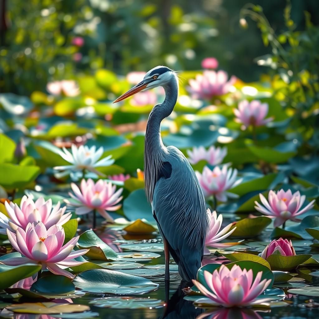 Graceful Blue Heron in Lush Pond