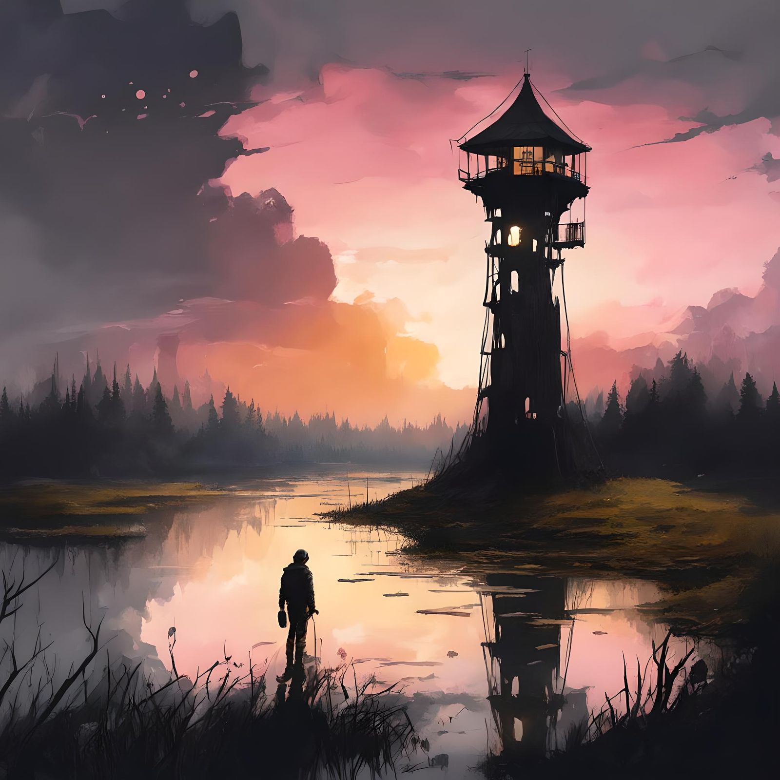 Tower in a Misty Bog Landscape