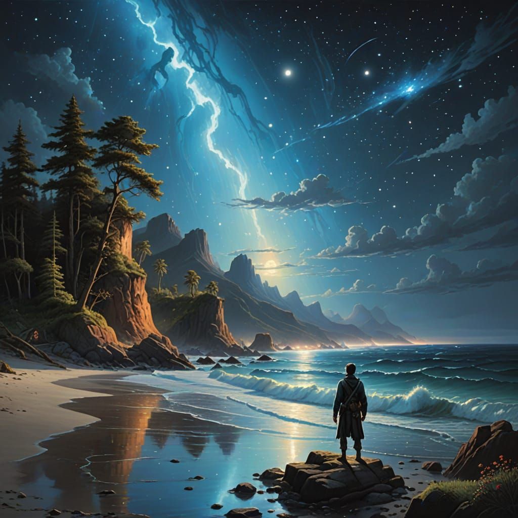 Ethereal Bioluminescent Waves on Deserted Shoreline