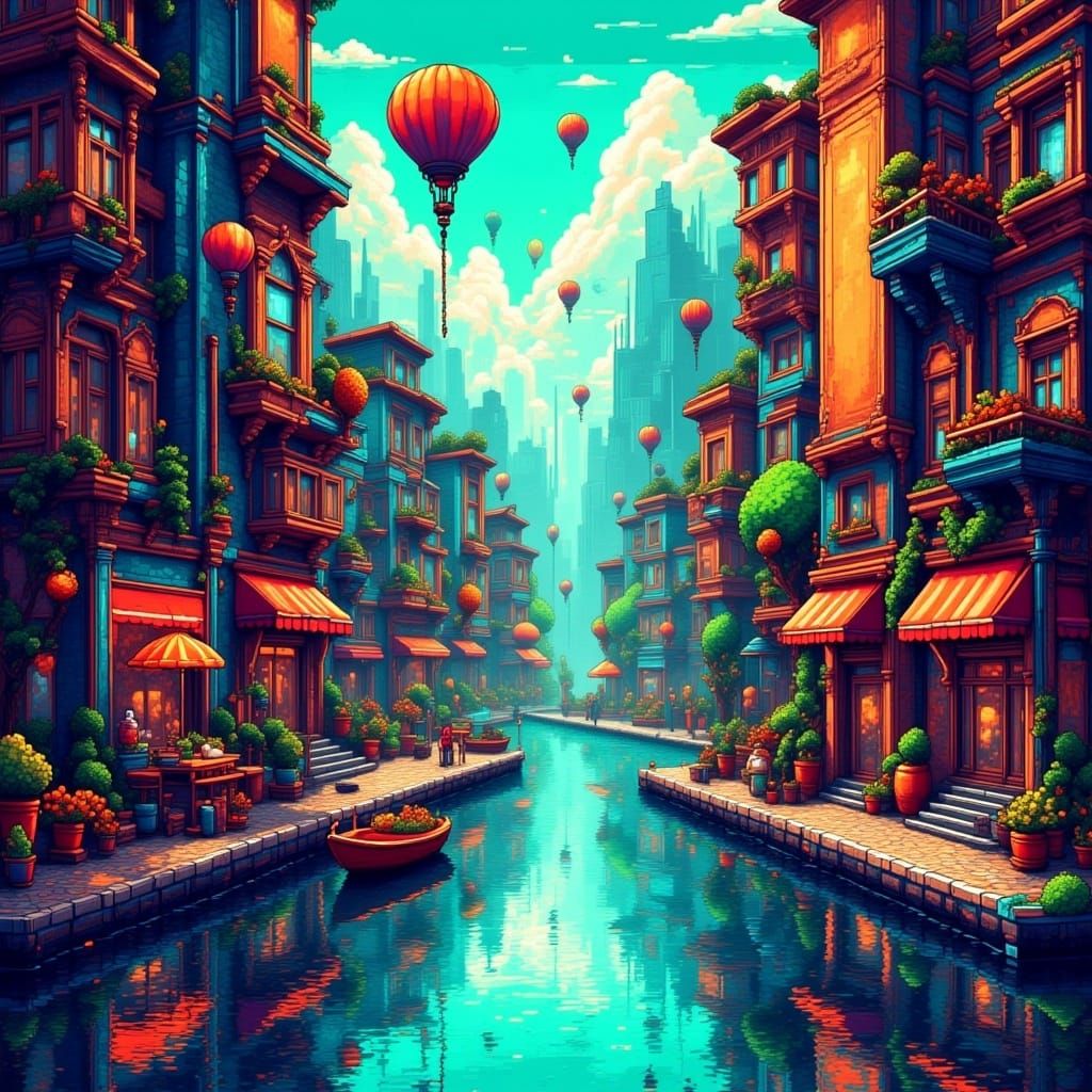 8-Bit Waterfall in Glass City Pixel Art