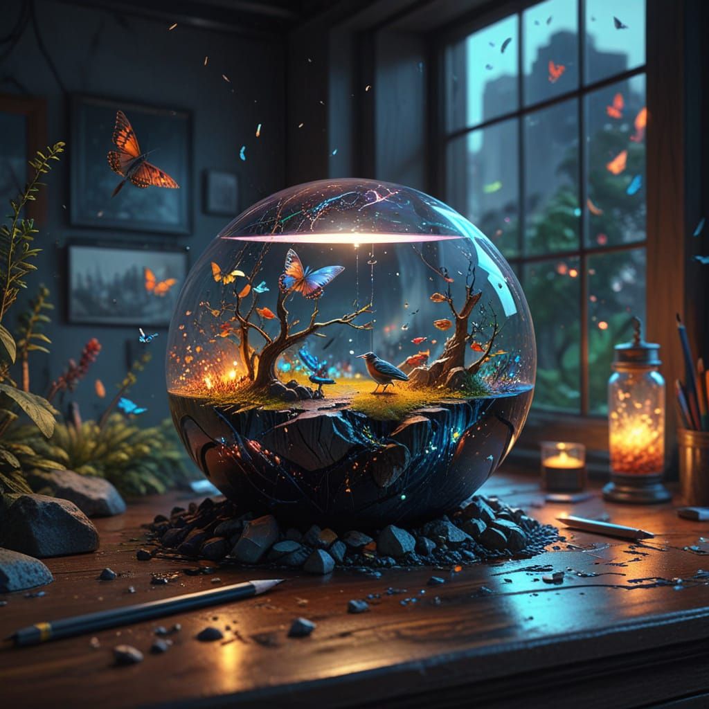 Surreal Miniature World From Pencil With Glowing Cityscape