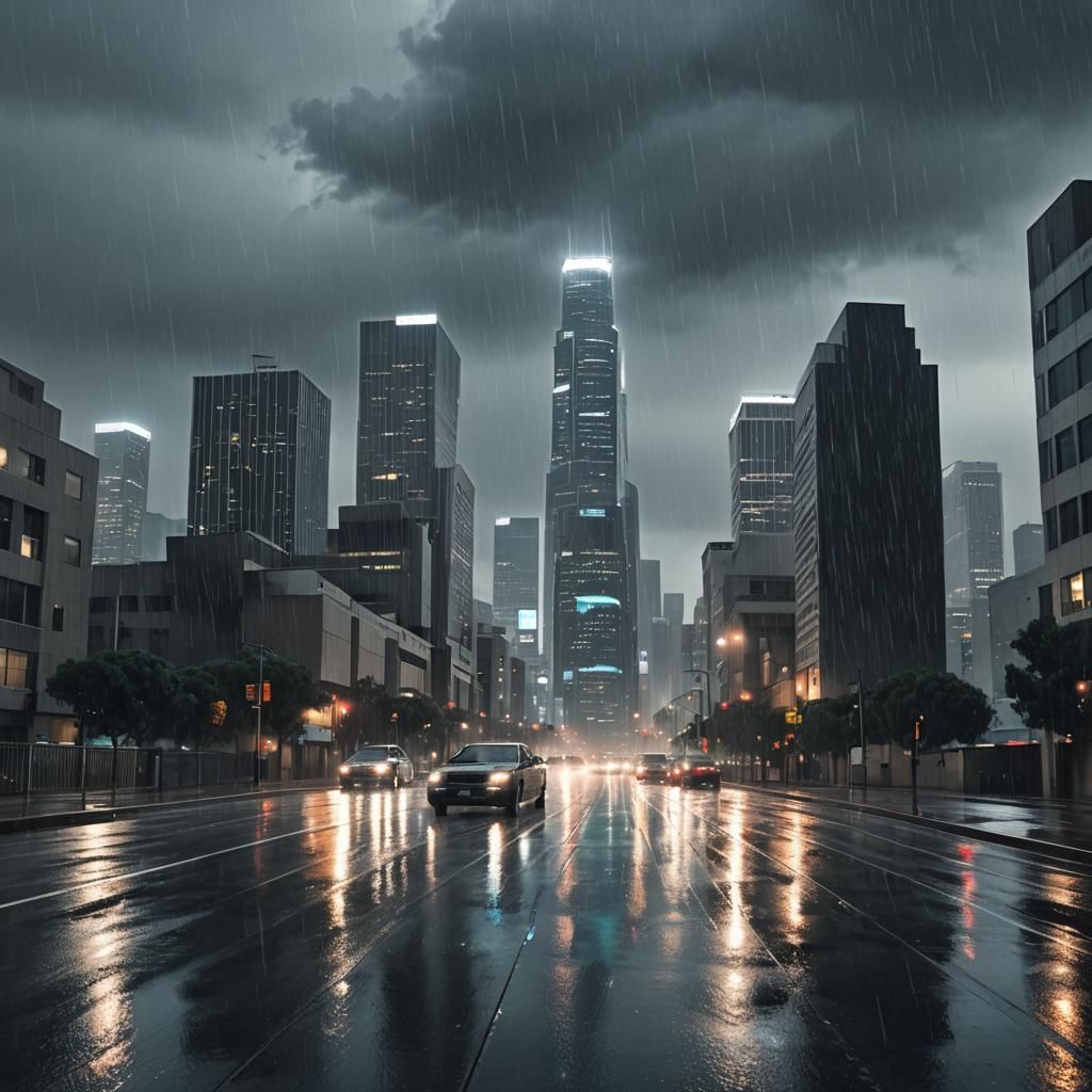 Los Angeles Skyline in Rainy Moebius-Inspired Art