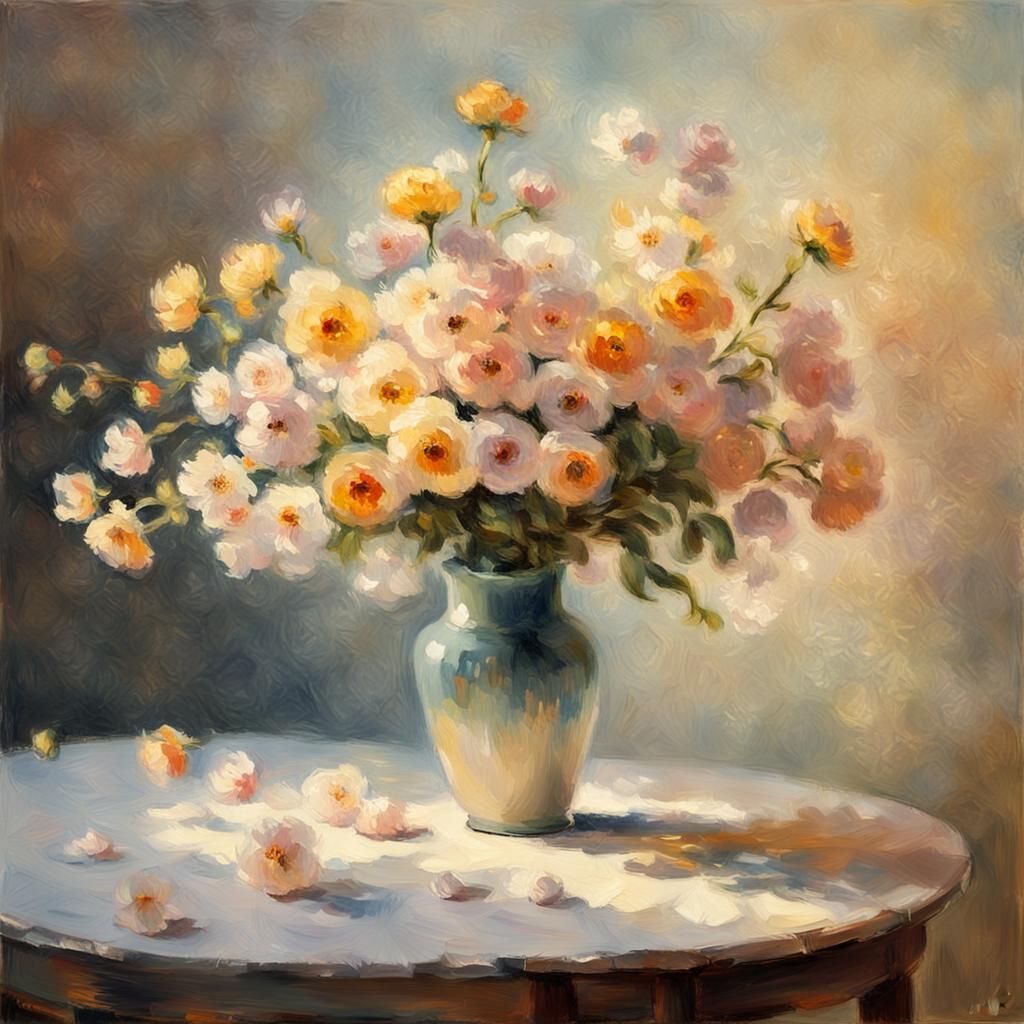 Impressionist Still Life: Vase with Flowers in Golden Light
