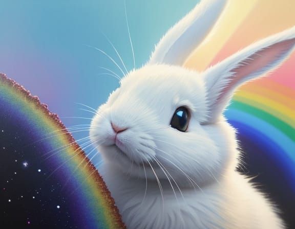 Fluffy Bunny Eating Rainbow in Surreal Oil Painting