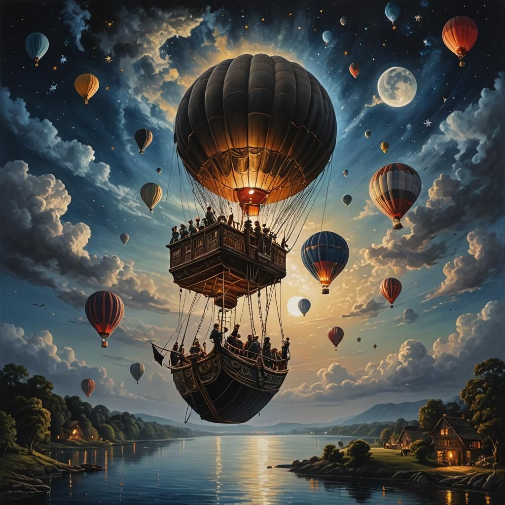 Boat and Hot Air Balloon at Night in Oil Painting Style