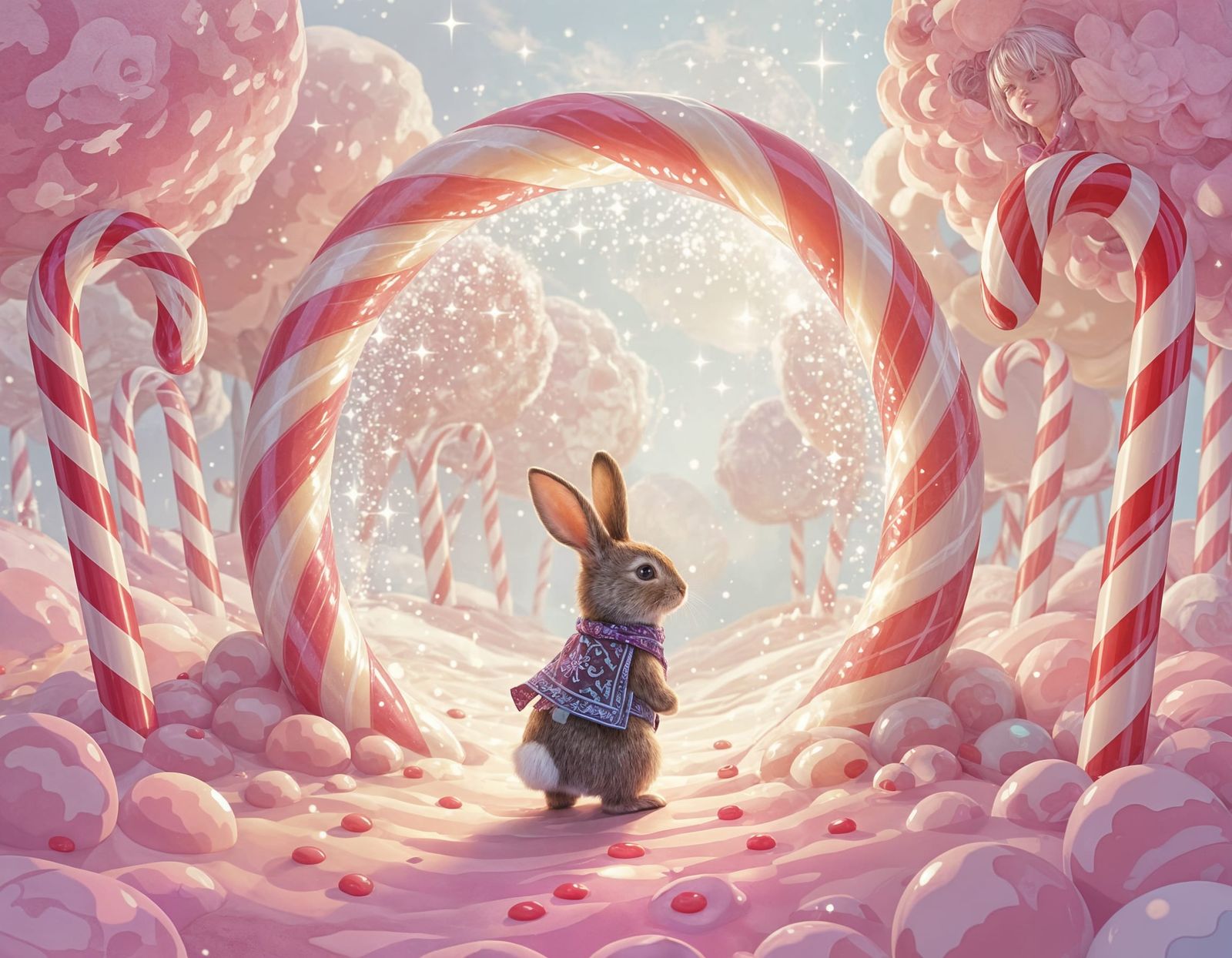 Mystical Candy World Portal with Curious Rabbit