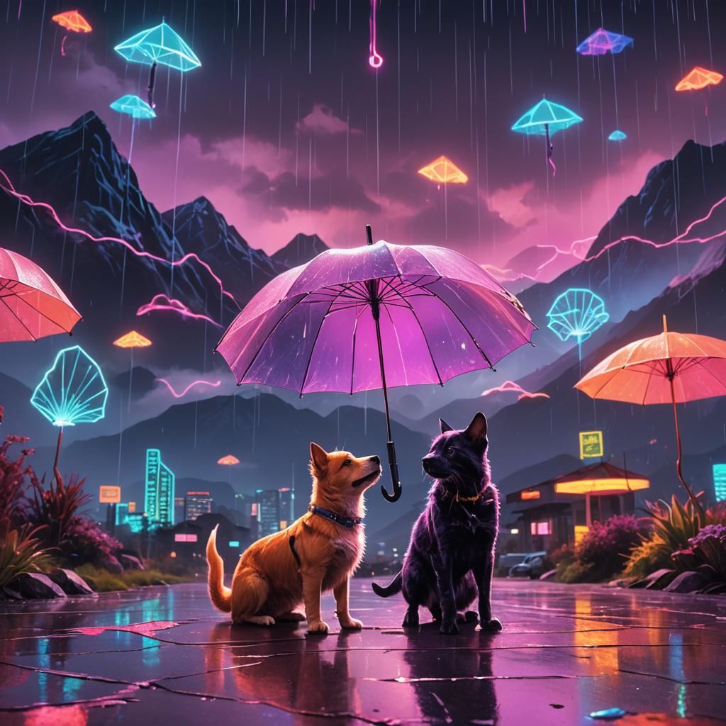 Dog and Cat Dance in Rainy Retro-Futuristic Landscape