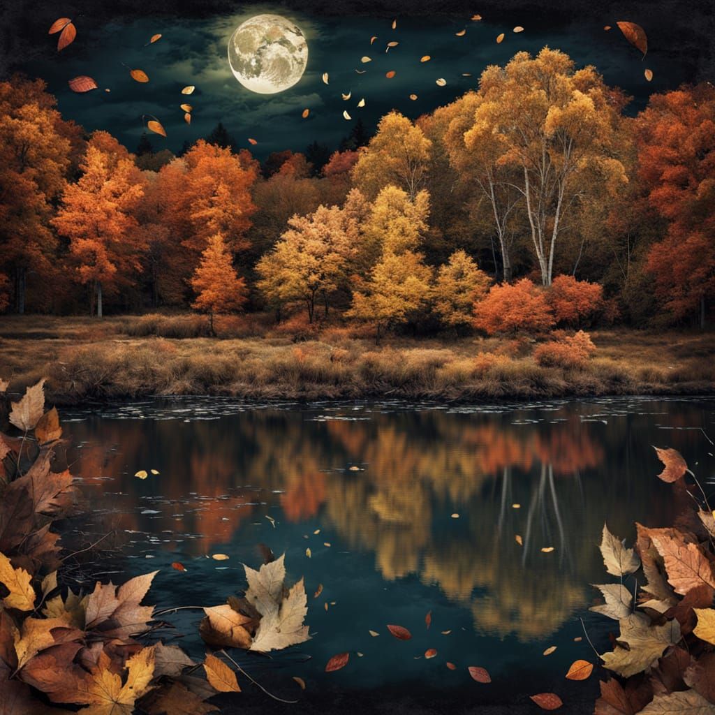 Autumn Forest Lake at Midnight in Impasto Style