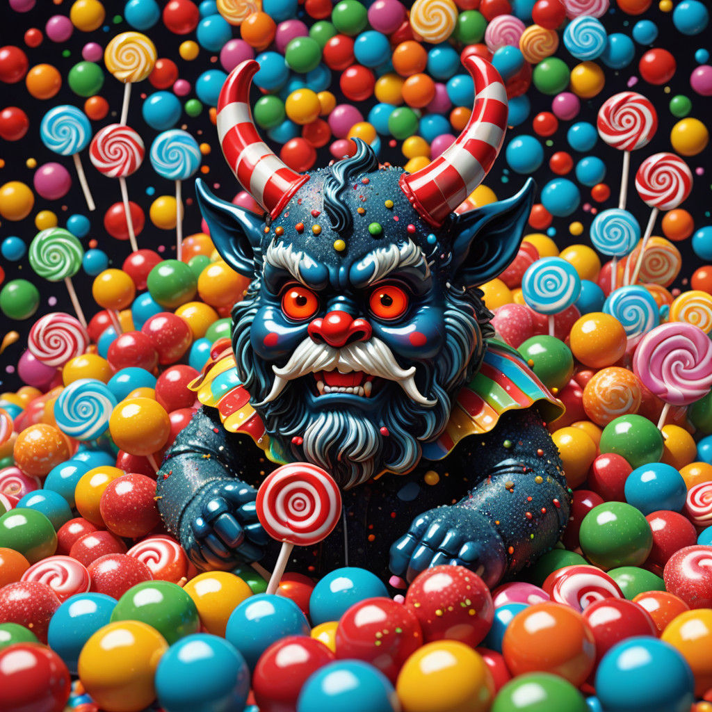 Surreal Whimsy: Krampus Reigns over a Candy Kingdom