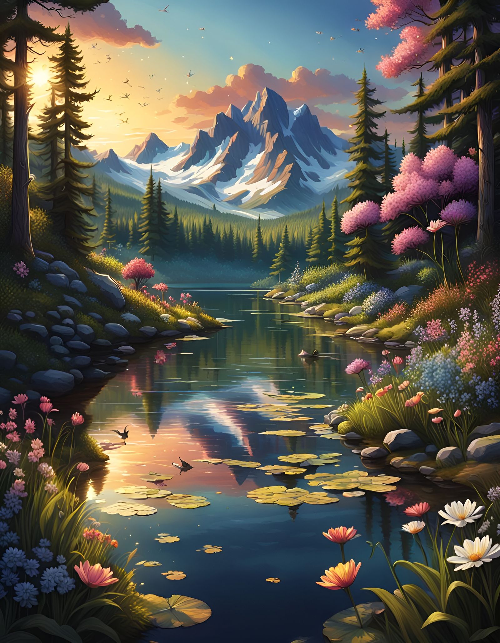 Hyperrealistic Spring Lake Sunset Splash Art