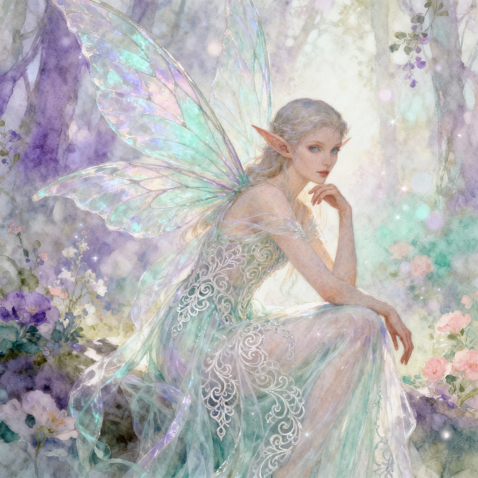 Elegant Elf with Iridescent Wings in Pastel Hues